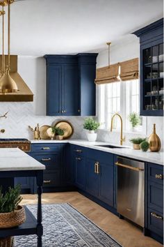 Bold farmhouse kitchen design with navy and white cabinets Kitchen With Blue Lower Cabinets, Navy Lower Kitchen Cabinets, Kitchen Remodel Navy Cabinets, Deep Blue Cabinets Kitchen, Kitchen With Navy Blue Cabinets, Backsplash Navy Cabinets, Farmhouse Kitchen Blue Cabinets, Dark Navy Blue Kitchen