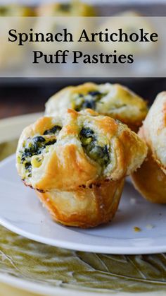 spinach and feta puff pastry appetizers on a plate with text overlay