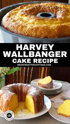 A HARVEY WALLBANGER CAKE plus, a second image of the baked cake in the Bundt pan. Harvey Wallbanger Cake, 70s Cake, Liquor Cake, Harvey Wallbanger, Cake Mix Recipe, Easy Summer Desserts, Bundt Cakes Recipes, Cake Mix Recipes, Orange Cake