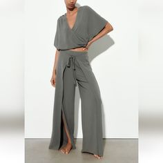 Fluid Mid Rise Pants With Elastic Waistband Over Lapping Wrap Front With Self Tie Fastening Wide Leg. Flowt Wrap Top** Size Large Short Sleeve Wrap Top With V Neckline Side Pleats Pareo Pants, Wrap Trousers, Cycling Leggings, Yoga Shoes, Wrap Pants, Zara Jumpsuit, Cutout Bodysuit, Satin Shirt, Cropped Flares