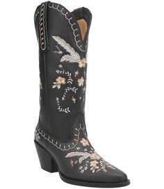 From Dingo, the Full Bloom Floral Embroidered Leather Western Tall Boots feature:Floral embroidered leather upperPull onFabric liningHinged comfort insoleRubber blend outsoleApprox. 13" boot shaft heightApprox. 12" boot shaft circumferenceApprox. 2.5" stacked block heelImported. Height Insoles, Black Western Boots, Dingo Boots, Womens Cowgirl Boots, Floral Boots, Black Cowboy, Tall Fashion, Embroidered Leather, Leather Boots Women