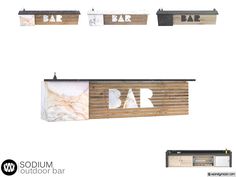 three different types of bar signs mounted to the side of a building with wood slats