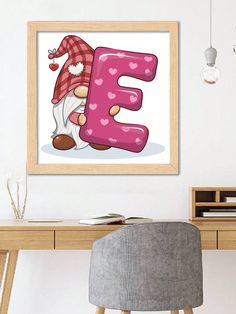 a cartoon character holding the letter e in front of a desk with a chair and lamp