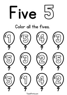 the number five coloring page with balloons and numbers for each balloon to be colored in