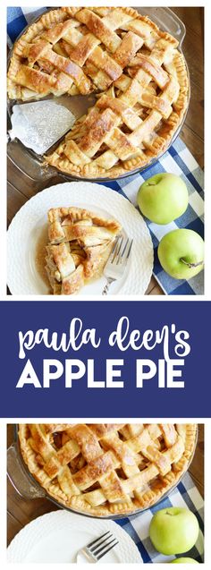 an apple pie is shown with the words paula deen's apple pie