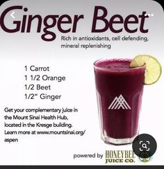 an advertisement for ginger beet juice with information about the drink and ingredients in it