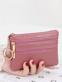 Women's Simple Mini Coin Purse Zipper Faux Leather Clutch Purse Portable Keychain Bag Wallet Small Coral Pink Fashionable   PU Leather Letter,Plaid,Plain,All Over Print Wristlet Clutch Purse   Wallets & Cardholders, size features are:Bust: ,Length: ,Sleeve Length: Mode Niqab, Keychain Hook, Mini Coin Purse, Leather Clutch Purse, Women Wallet, Compact Wallet, Wallet Pouch