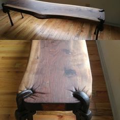 a bench made out of wooden planks with iron legs on the top and bottom