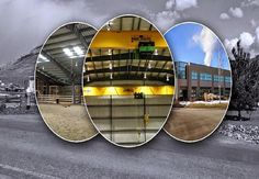 three images show the inside and outside of a building, with mountains in the background