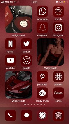 an iphone screen with various icons and buttons on the bottom right hand corner, including a red car