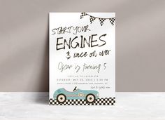 a wedding card with an image of a racing car on it and the words start your engines 3 race at over