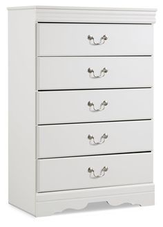 a white dresser with five drawers and two handles