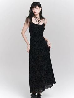 Dark Summer, Casual Goth, Black Lace Cami, Ghost Girl, Grunge Dress, Velvet Maxi Dress, Music Festival Outfit, Black Retro, Goth Dress