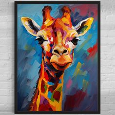 a painting of a giraffe on a white brick wall with a black frame