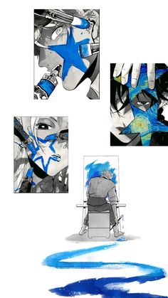 some blue and white images are shown in black and white, including one woman sitting on a chair with her head turned to the side