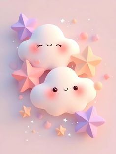 two clouds with stars on them and one has eyes closed while the other is sleeping