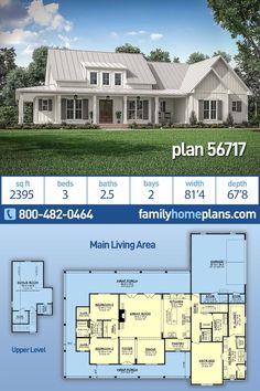 two story house plan with 3 car garage and living area on the first floor,