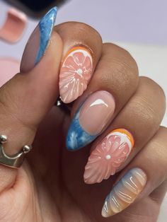 Orange And Blue Aesthetic Nails, 3d Orange Nails, Papaya Nails, Orange Blue Nails, Blue Orange Nails, Orange Fruit Nails