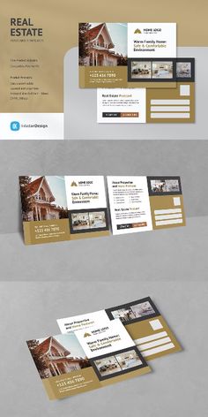 the real estate brochure is shown in three different colors