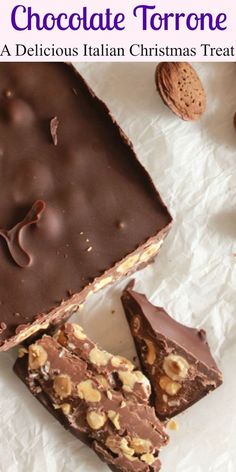 chocolate torrone with nuts on top and in the middle, cut into squares