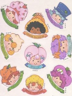 an assortment of stickers with children's hair and clothing on them, all in different colors