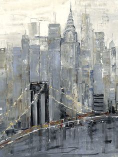 an oil painting of a cityscape with buildings and a bridge in the foreground