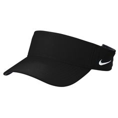 the nike visor is black and has a white nike logo on it, while the vis