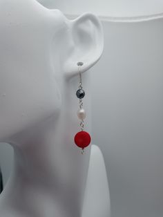 A great combo of faceted Hematite, a beautiful white pearl, and add a red coin-shaped Coral create the perfect earrings. These treasures are 2 3/8" X 7/16". ONLY ONE so catch it quick! Red Pearl Drop Round Earrings, Red Round Pearl Drop Earrings, Red Pearl Drop Earrings, Handmade Red Round Pearl Earrings, Handmade Red Pearl Earrings, Coral Earrings, Jewelry Creation, White Pearl, One And Only