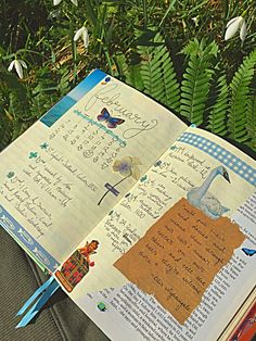 an open book sitting on top of a table next to some flowers and plants in the grass