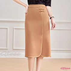 Qteee - Stylish Coffee-colored High-waisted Panel Buttoned Maxi Skirt Brown Solid Color Midi Skirt, Chic Non-stretch Brown Skirt, Elegant Brown Skirt With Pockets, Fitted Solid Color Brown Skirt, Fitted Brown Skirt Solid Color, Fitted Solid Brown Skirt, Casual Fitted Brown Pencil Skirt, Fitted Brown Pencil Skirt Casual Style, Brown Stretch Pencil Skirt For Spring