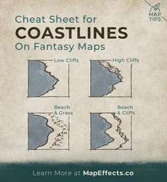 Fantasy Map Coastline Cheat Sheet Places To Add To Your Fantasy Map, Fantasy Map Locations, Map References Design, Fanticy Map, Cartography Art Fantasy Map, Fantasy Map Website, How To Create A Fantasy Map, Dnd Fantasy Map, Making Fantasy Maps