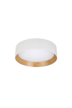 a white and wood light fixture on a white wall with a wooden ring around it