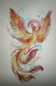 a drawing of a bird with wings and swirls on it's back side