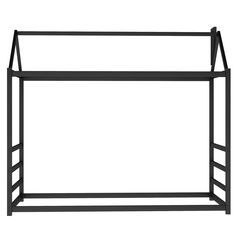 a black metal shelf with two shelves on each side and an open top, against a white background