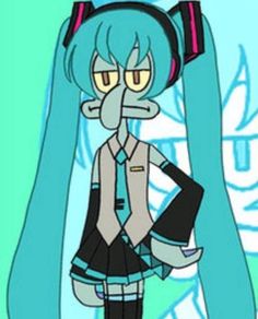 an animated character with headphones on and wearing a shirt, tie and skirt is standing in front of a blue background