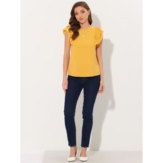 This shirt is made up of several design points: cap sleeve, layer ruffled sleeve, round neck, solid, basic tee, and cute summer tops. Layer-ruffled sleeves provide a sense of design to simple clothes. It is suitable for summer and many occasions, such as office, work, business, casual, and date, or it can be paired with sandals and wide-leg pants for many occasions. Solid Color T-shirt With Ruffle Sleeves For Spring, Summer Ruffle Sleeve Tops In Solid Colors, Summer Tops With Ruffle Sleeves In Solid Color, Summer Solid Color Tops With Ruffle Sleeves, Solid Color Crew Neck Top With Ruffles, Casual Cotton Ruffle Sleeve Top, Casual Cotton Short Sleeve Top With Ruffle Sleeve, Casual Cotton Short Sleeve Top With Ruffle, Casual Ruffle Sleeve T-shirt For Summer