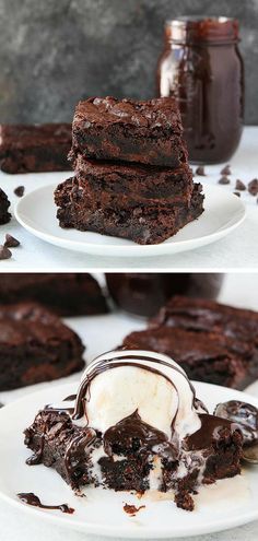 two pictures of chocolate brownies with ice cream on the top and one is cut in half