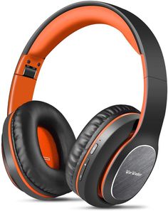 an orange and black headphones on a white background