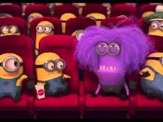 two minion characters sitting in the middle of a row of red chairs with purple hair