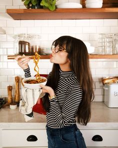 Kitchen Photoshoot, Blonde Bob Haircut, Chop Sticks, New Darlings, Chin Length Bob, Angled Bob, Zucchini Noodles, Striped Turtleneck, Blonde Bobs