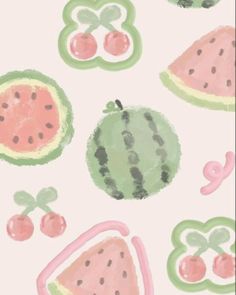 a watermelon and kiwi pattern is shown on a white background with pink accents