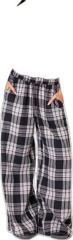 Casual Wide Leg Sleepwear, Casual Plaid Sleepwear For Lounging, Plaid Casual Sleepwear For Lounging, Casual Winter Sleepwear With Elastic Waistband, Casual Relaxed Fit Bottoms For Home, Black Cotton Cozy Sleepwear, Casual Cotton Sleepwear For Relaxing At Home, Casual Relaxed Fit Sleepwear For Relaxing At Home, Cozy Black Cotton Sleepwear