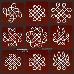 four different types of knots in white on brown background, each with an intricate design