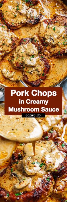 pork chops in creamy mushroom sauce on a pan with the title text overlay