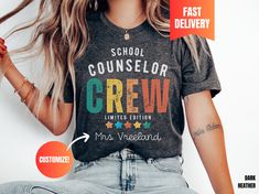 This School Counselor Team Teacher Team Shirt is customized for all grade levels and department teams, this elementary tee is perfect for showcasing your team spirit on the first day of school. Join the Grade Level T-Shirt Squad and make a bold statement with our stylish and comfortable Teacher Crew TShirt at Back to School Night. This would make a great teacher gift or staff gift. Unite as a team and stand out! Please enter the name personalization in the text box:  Example: Mrs. Stevens **GET School Spirit T-shirt With Letter Print, Custom Print School Spirit Top For Team Events, School Spirit Crew Neck T-shirt With Letter Print, Customizable Crew Neck Shirt For School Spirit, School Spirit T-shirt With Letter Print And Crew Neck, Customizable Cotton T-shirt For Team Events, Custom Team Name T-shirt For Team Spirit, School Spirit Crew Neck T-shirt With Team Name, School Spirit Crew T-shirt With Team Name