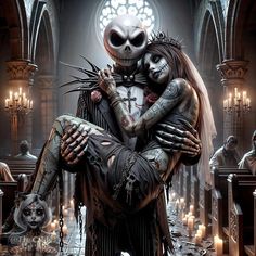 a skeleton hugging a woman with candles in the background