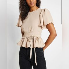 Express Flutter Sleeve Tie Waist Peplum Top In Beige Xxs New With Tags Express Ruffled Short Sleeve Peplum Top With Tie Waist In Beige Size: Xxs Fitted Ruffle Peplum Top With Short Sleeves, Fitted Short Sleeve Ruffle Peplum Top, Fitted Short Sleeve Ruffled Peplum Top, Fitted Short Sleeve Peplum Top With Ruffles, Chic Fitted Peplum Top With Ruffle Hem, Feminine Fitted Peplum Top With Short Sleeves, Chic Peplum Top With Ruffle Sleeves, Fitted Blouse With Ruffle Hem And Flutter Sleeves, Fitted Flutter Sleeve Top With Ruffle Hem