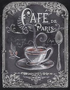 a chalkboard drawing of a cup of coffee with spoons on it and the words cafe de paris written in french