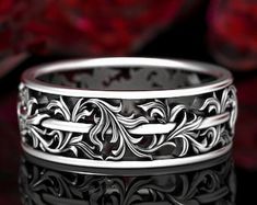 Floral Art Nouveau Ring Solid Sterling Silver Ring Nature - Etsy Filigree Mens Ring, Elven Ring Men, Gothic Engraved Wedding Rings, Gothic Anniversary Ring With Intricate Design, Engraved Wedding Ring With Historical Design, Art Nouveau Leaves, Woman Wedding Ring, Medieval Wedding Ring, Floral Wedding Band