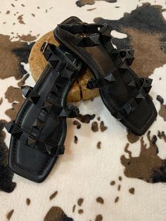 Spiked Babe Sandals - Our Spiked Babe Sandals are matte black slip on sandals that feature spiked studs. - Available in whole sizes and half sizes 6 through 10 - Our Spiked Babe Sandals are guaranteed to make any outfit! Black Slip On Sandals, Black Slip On, Slip On Sandals, Black Slip Ons, Slip On Sandal, Matte Black, Slip On, Sandals, Black